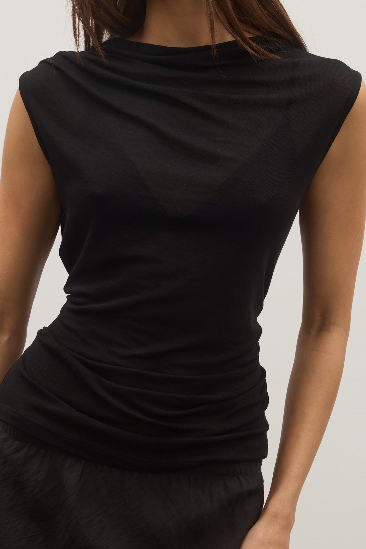 Rina Draped Cowl Back Top in Black, view 3, Bayse Brand