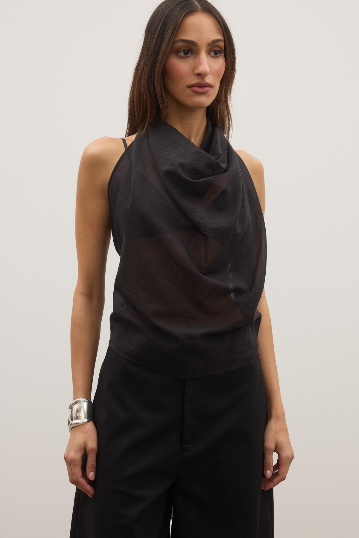 Renee Draped Halter Tie Back Top in Black, view 1, Bayse Brand