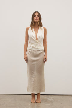 Emmeline Plunge Draped Wrap Top in Off White, view 4, Bayse Brand