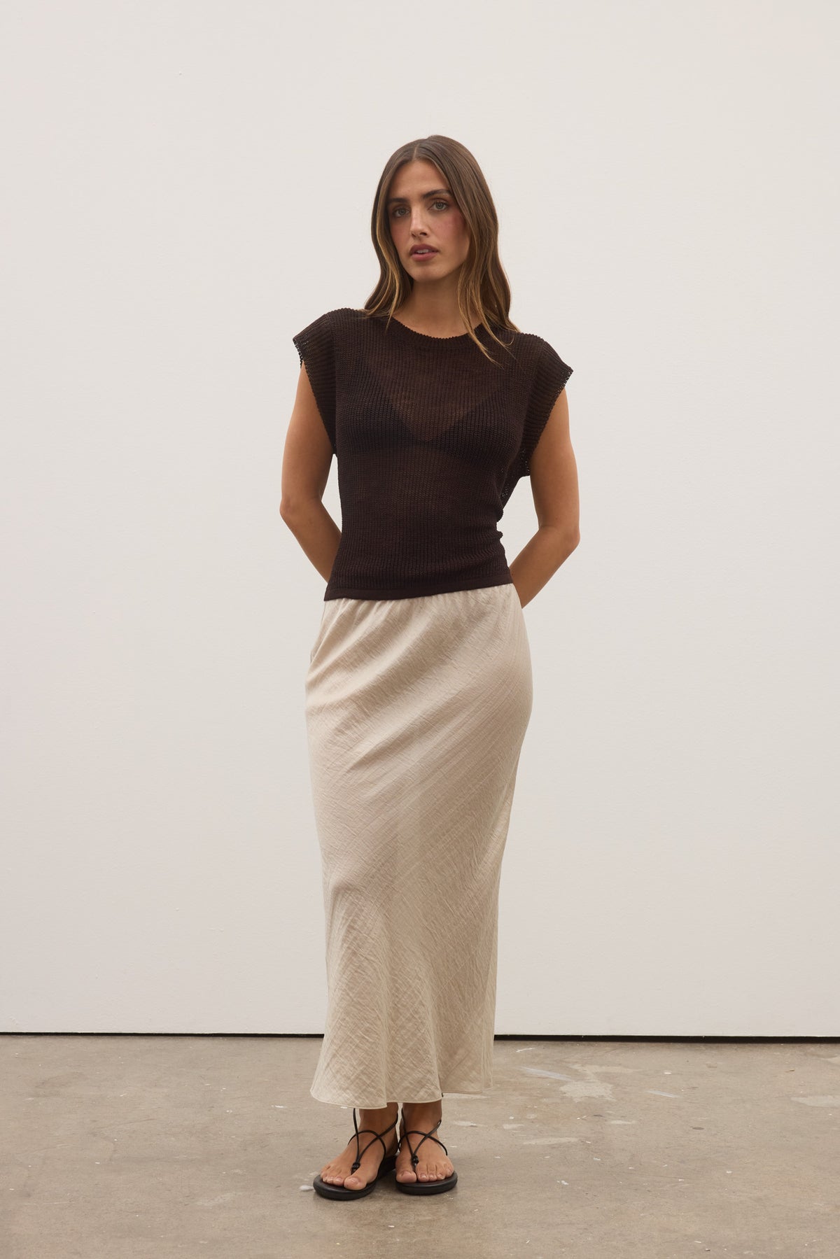 Bobbie Open Knit Tie Back Top in Dark Brown, view 1, Bayse Brand
