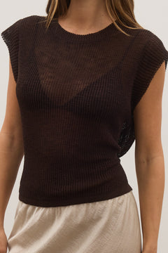 Bobbie Open Knit Tie Back Top in Dark Brown, view 2, Bayse Brand