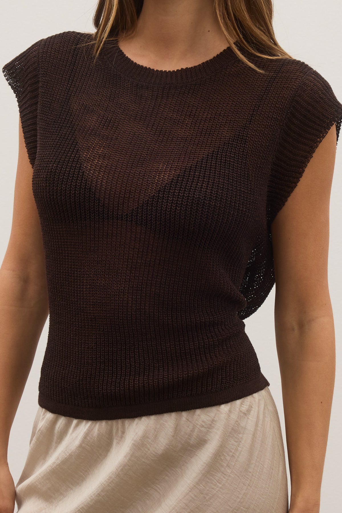 Bobbie Open Knit Tie Back Top in Dark Brown, view 2, Bayse Brand
