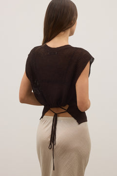 Bobbie Open Knit Tie Back Top in Dark Brown, view 4, Bayse Brand
