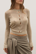 Bronte Sheer Button Through Knit Top in Sand, view 1, Bayse Brand