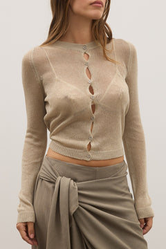 Bronte Sheer Button Through Knit Top in Sand, view 1, Bayse Brand