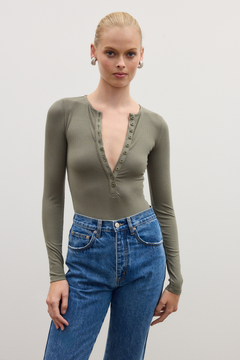 Lara Henley Bodysuit in Khaki, view 1, Bayse Brand