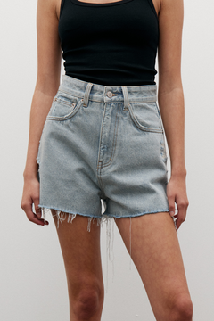 Malibu High Rise Cut Off Denim Short in Stone Blue, view 1, Bayse Brand