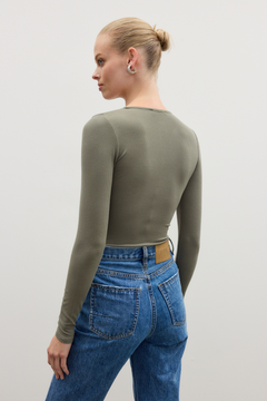 Lara Henley Bodysuit in Khaki, view 4, Bayse Brand