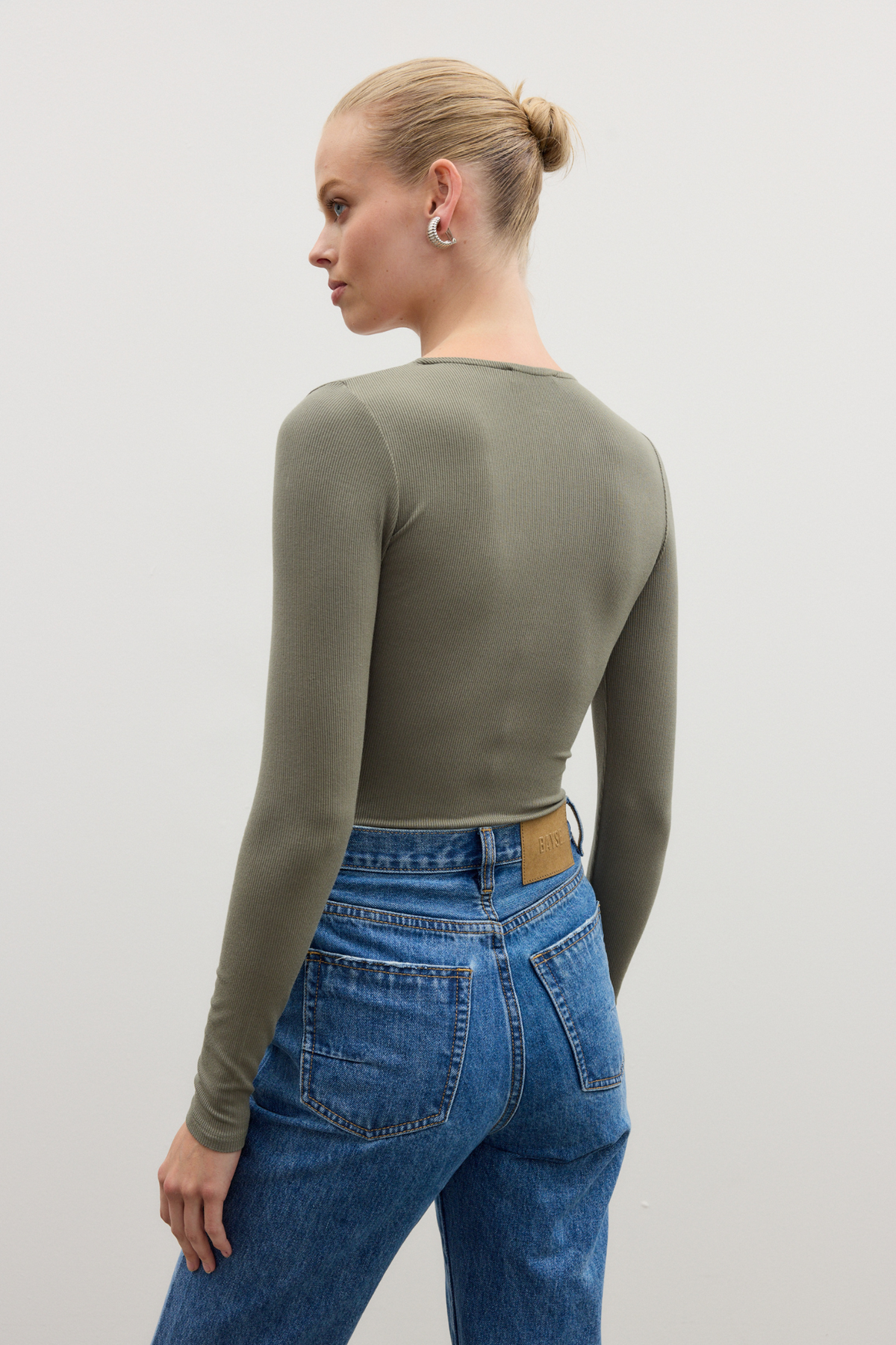 Lara Henley Bodysuit in Khaki, view 4, Bayse Brand