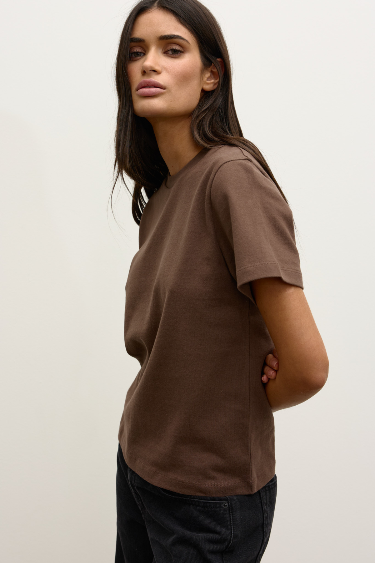 Tess Cotton Crew Neck T-Shirt in Mocha, view 2, Bayse Brand