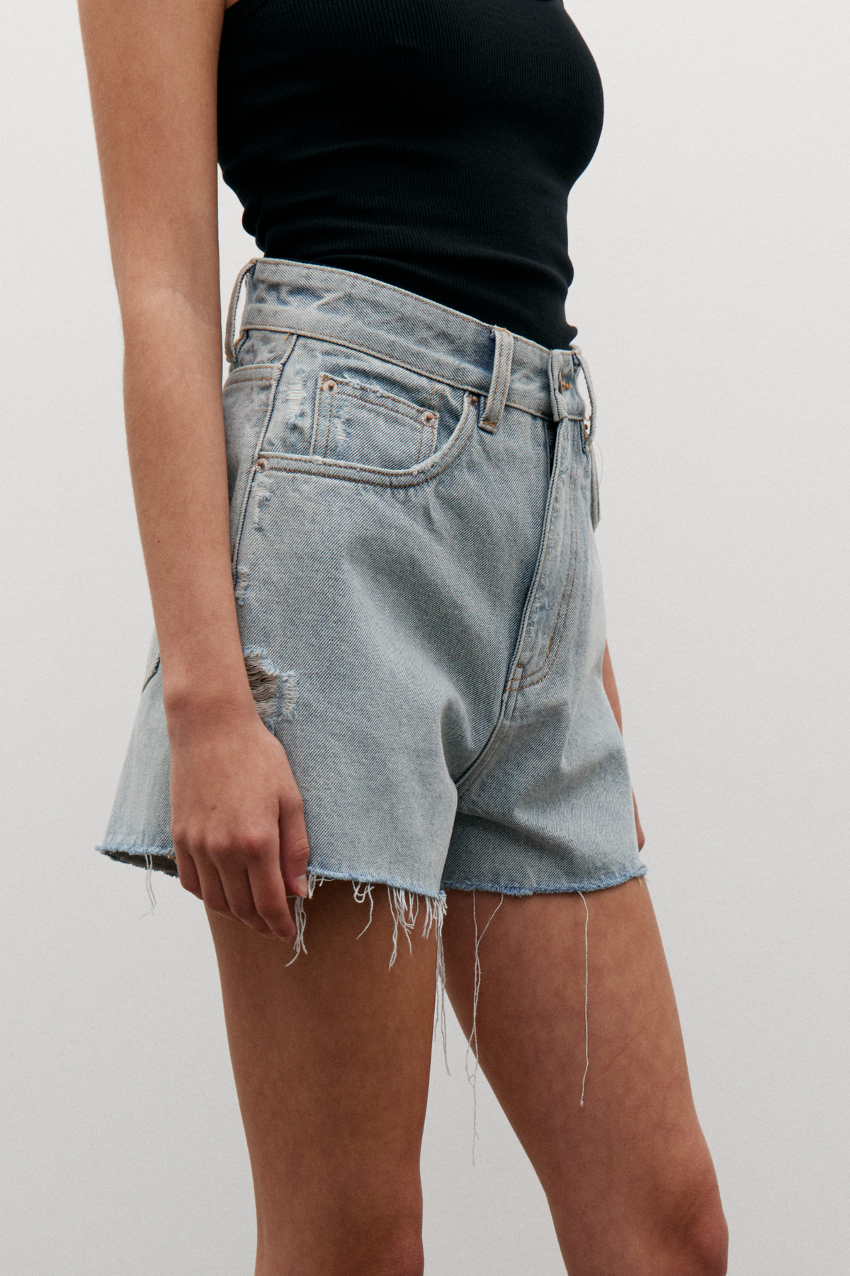 Malibu High Rise Cut Off Denim Short in Stone Blue, view 3, Bayse Brand