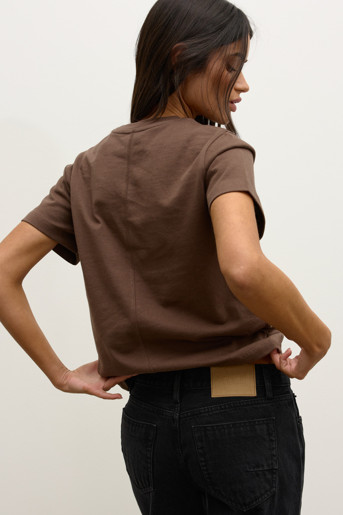 Tess Cotton Crew Neck T-Shirt in Mocha, view 4, Bayse Brand