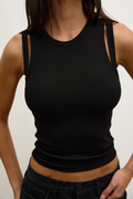 Elle Ribbed Shoulder Cut Out Tee in Black, view 1, Bayse Brand