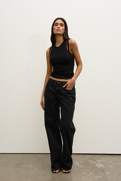 Elle Ribbed Shoulder Cut Out Tee in Black, view 2, Bayse Brand