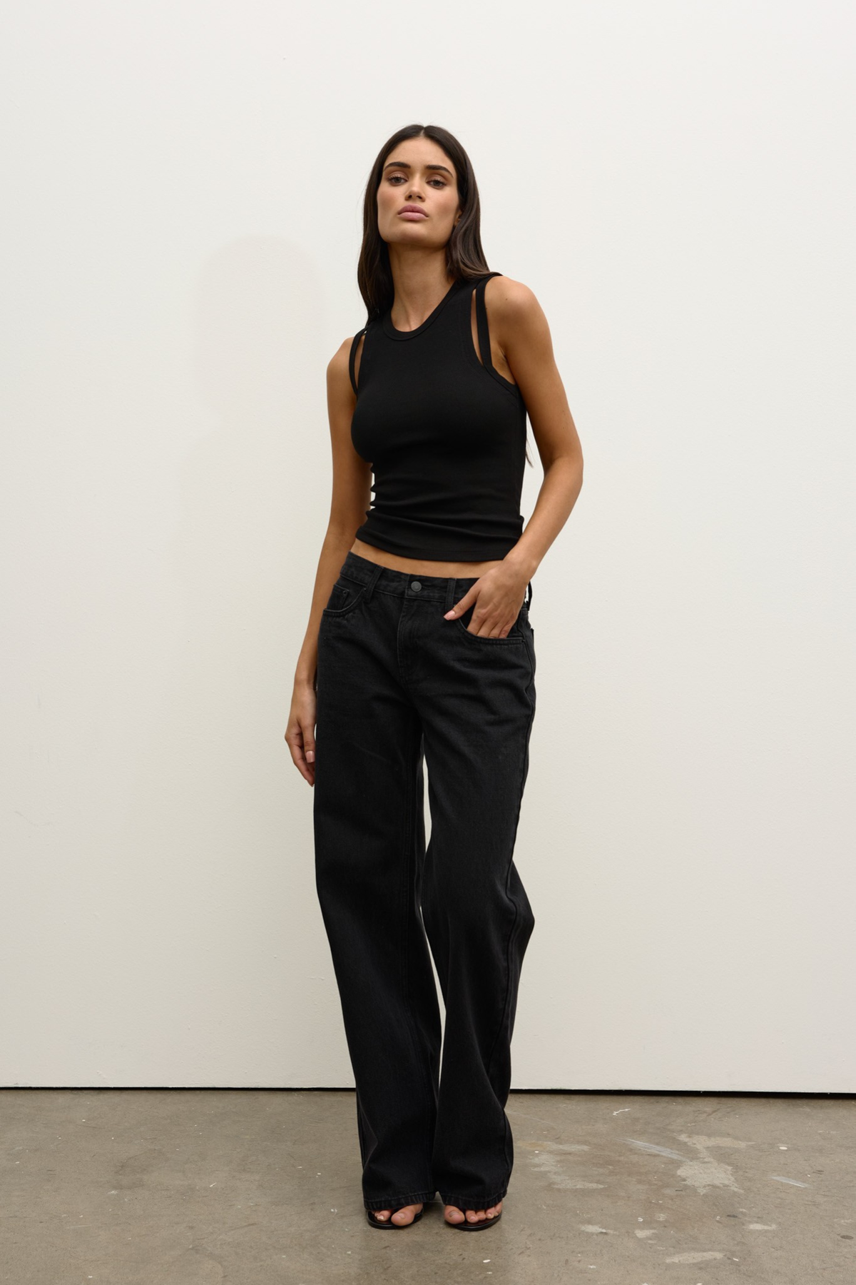 Elle Ribbed Shoulder Cut Out Tee in Black, view 2, Bayse Brand