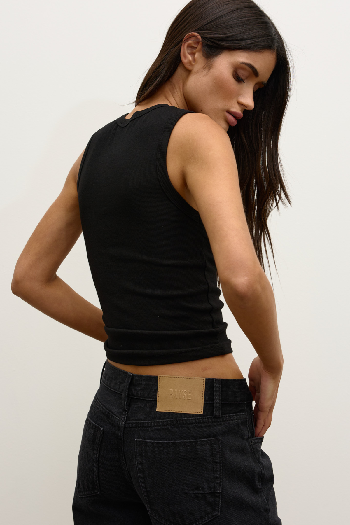 Elle Ribbed Shoulder Cut Out Tee in Black, view 4, Bayse Brand