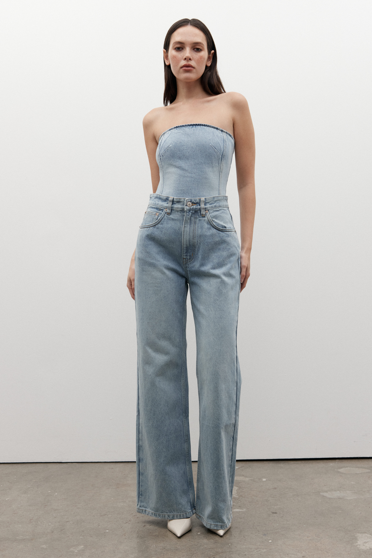 Amiri Strapless Denim Corset Top in Oakland Blue, view 2, Bayse Brand