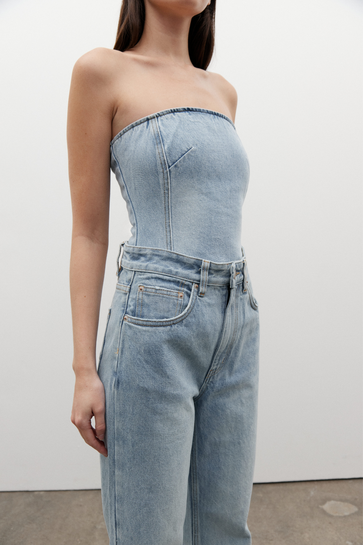 Amiri Strapless Denim Corset Top in Oakland Blue, view 3, Bayse Brand