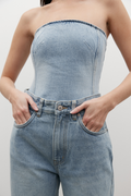 Amiri Strapless Denim Corset Top in Oakland Blue, view 1, Bayse Brand