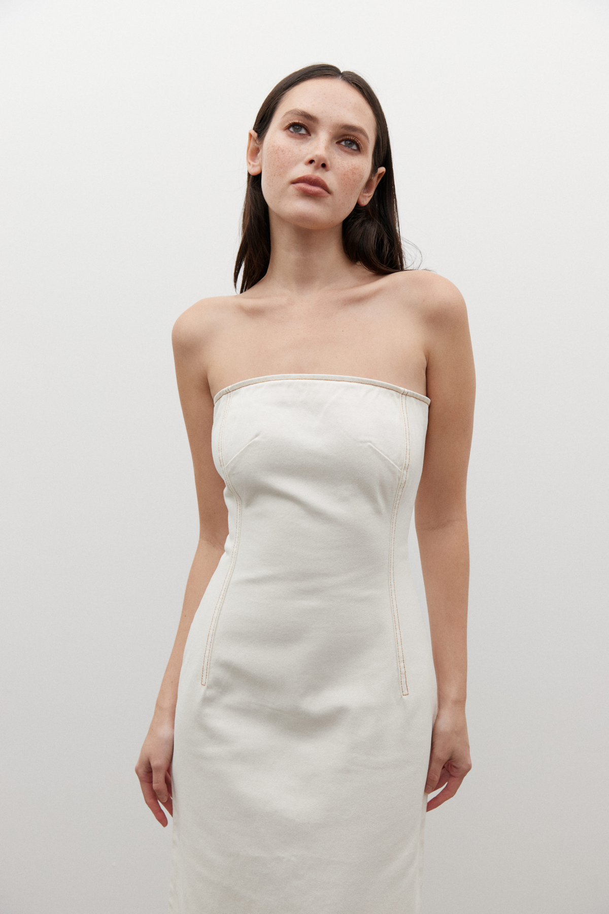 Amiri Strapless Denim Dress in Angora, view 2, Bayse Brand