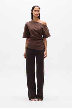 Suki Draped Off Shoulder Top in Chocolate, view 1, Bayse Brand