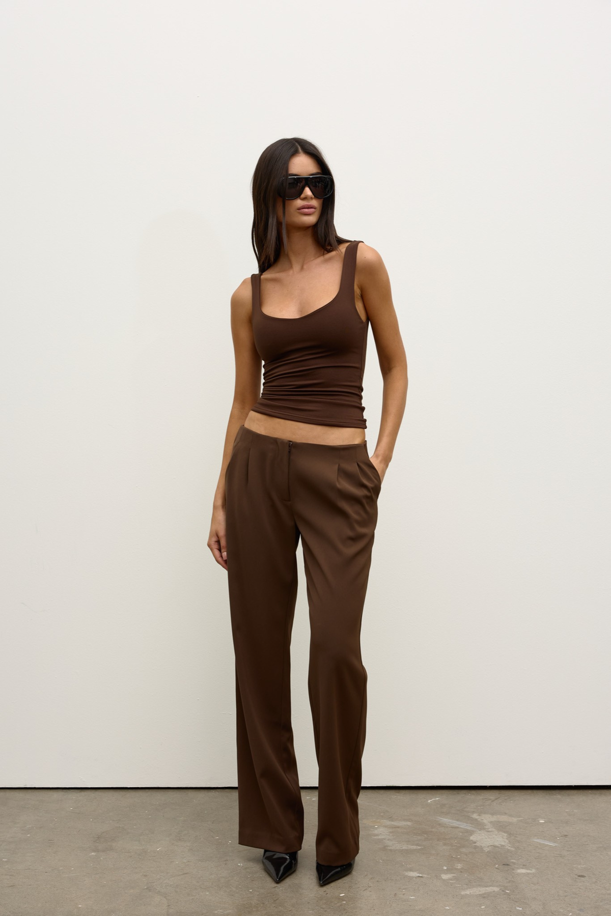 Ray Scoop Neck Tank in Chocolate, view 1, Bayse Brand