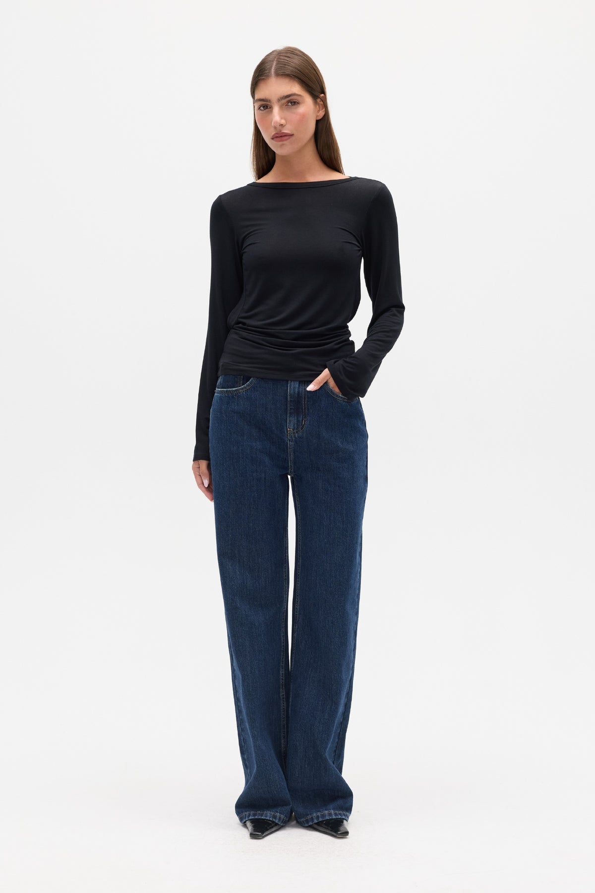 Mallory Open Back Long Sleeve Top in Black, view 1, Bayse Brand
