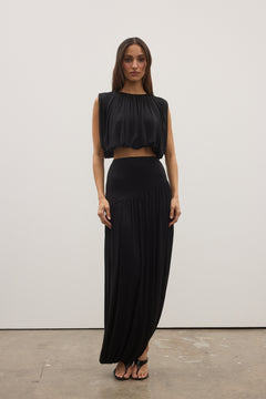 Contessa Pleated High Neck Top in Black, view 2, Bayse Brand