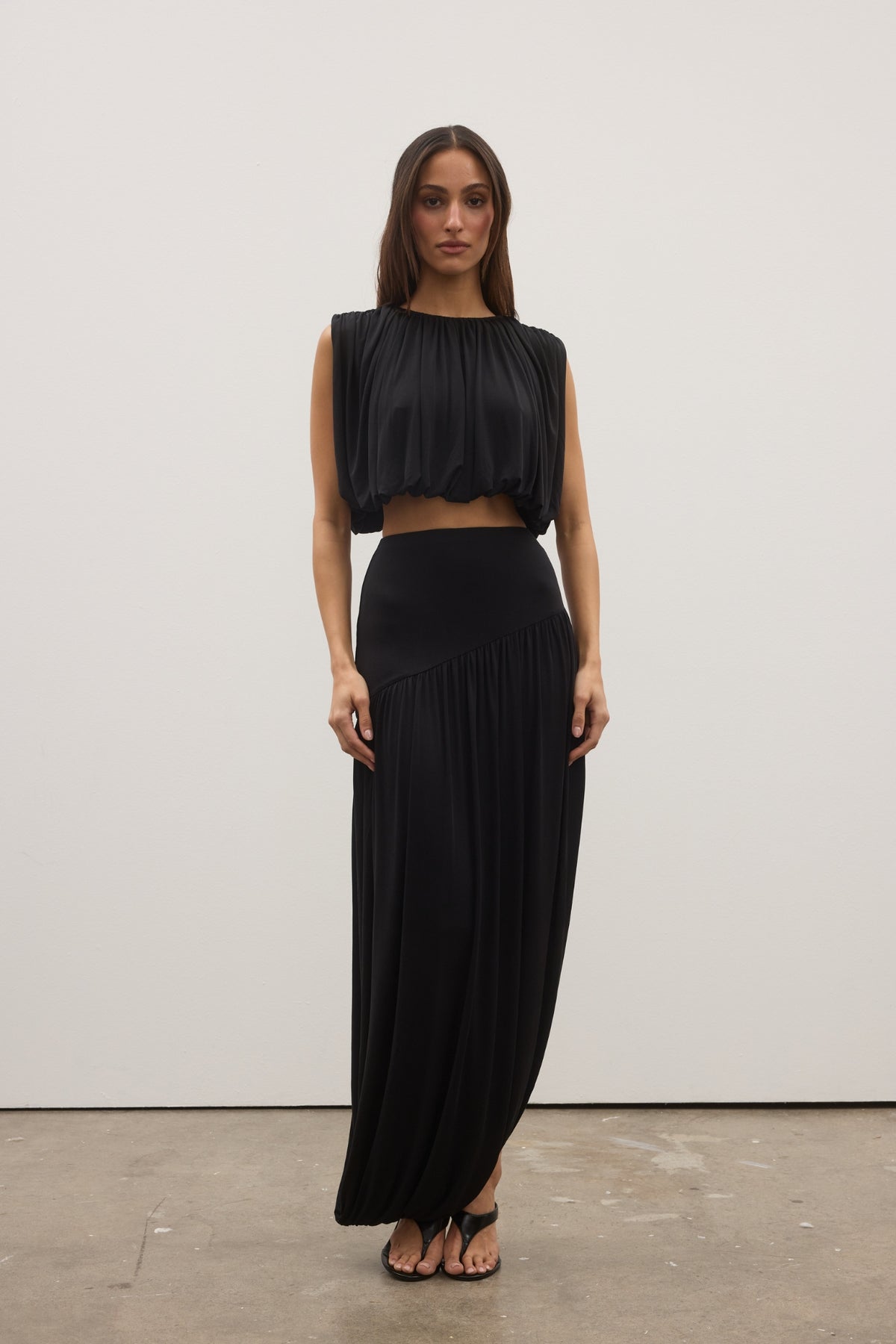 Contessa Pleated High Neck Top in Black, view 2, Bayse Brand