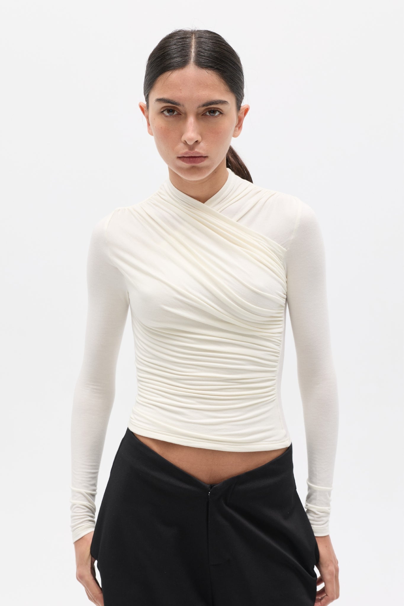 Bayse Brand Amrita Long Sleeve Top in Ivory — women's essential long sleeve top, side view