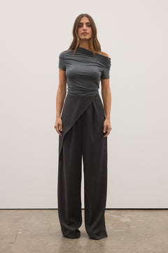 Monica Draped Neck Top in Dark Heather Grey, view 2, Bayse Brand
