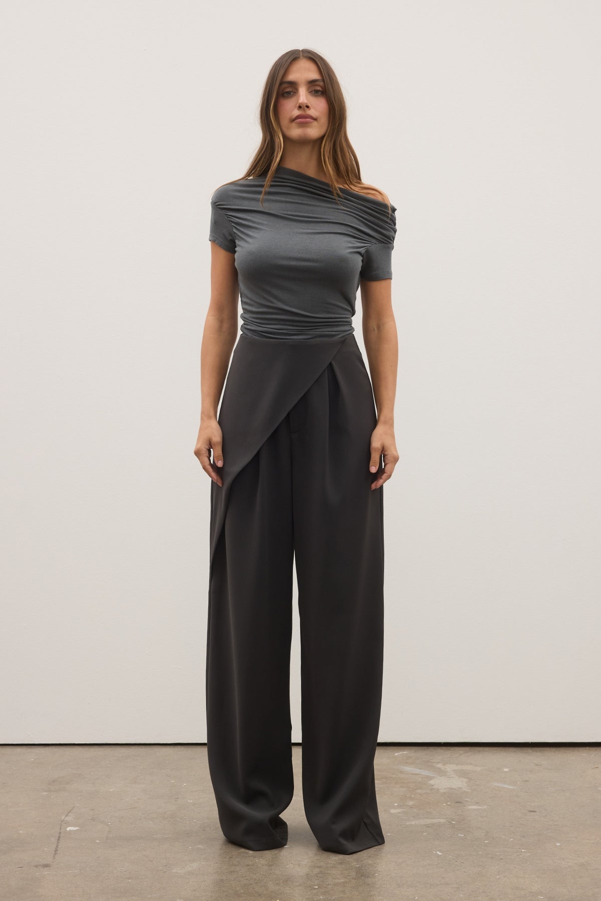 Monica Draped Neck Top in Dark Heather Grey, view 2, Bayse Brand
