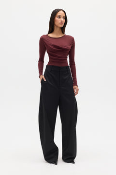 Della Sheer Long Sleeve Bodysuit in Plum, view 2, Bayse Brand