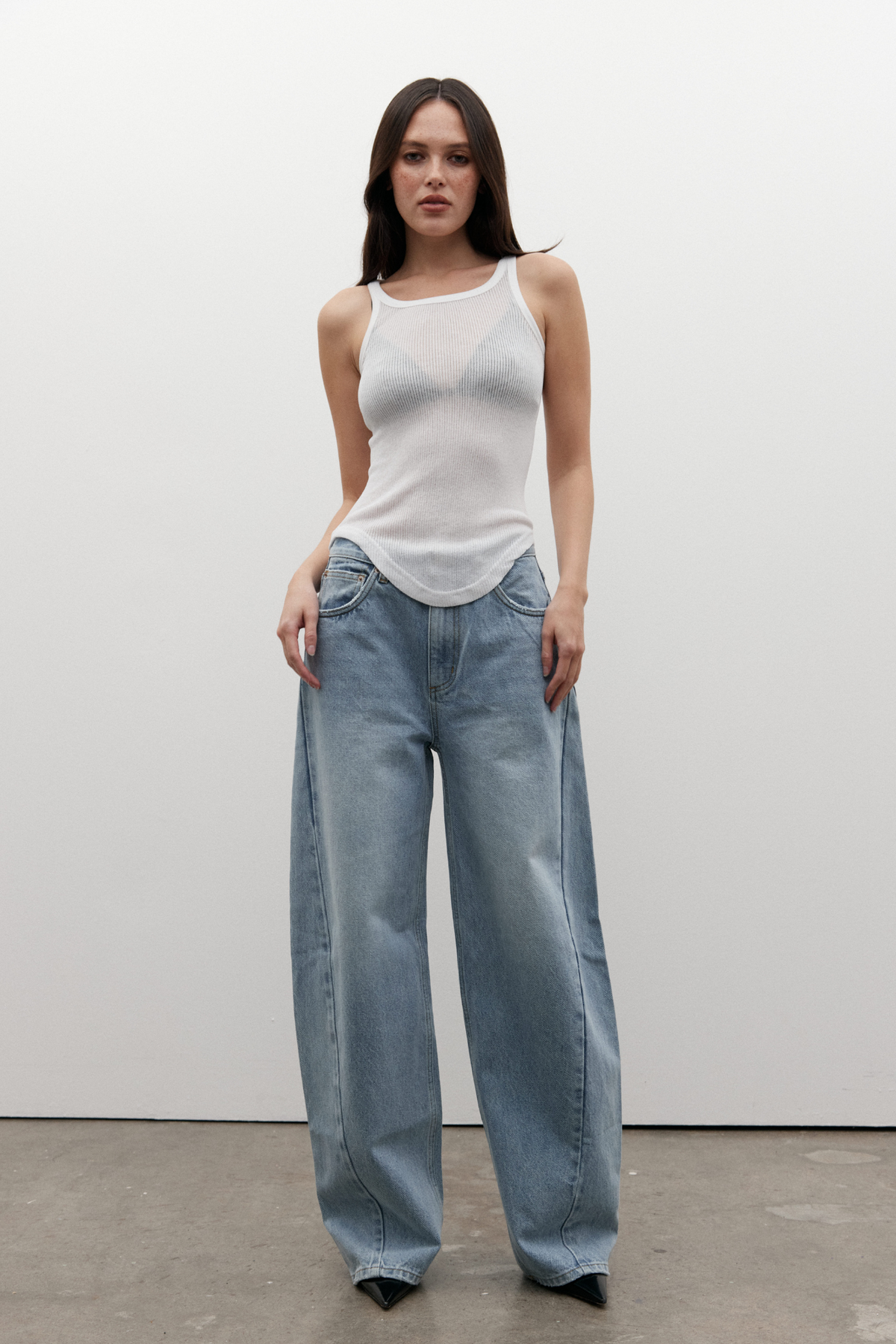 Brooklyn Low Rise Barrel Leg Jean in Oakland Blue, view 2, Bayse Brand