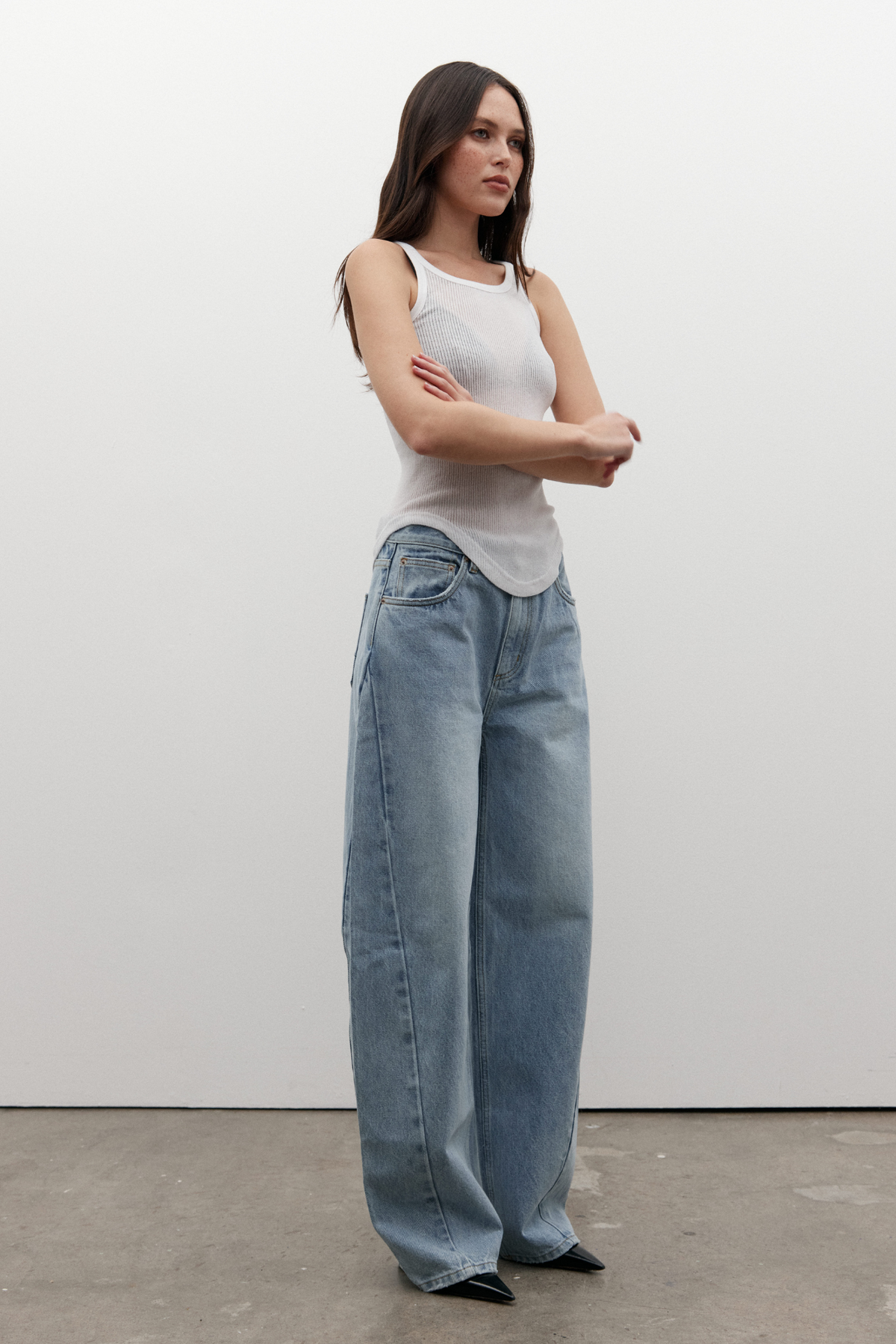 Brooklyn Low Rise Barrel Leg Jean in Oakland Blue, view 1, Bayse Brand