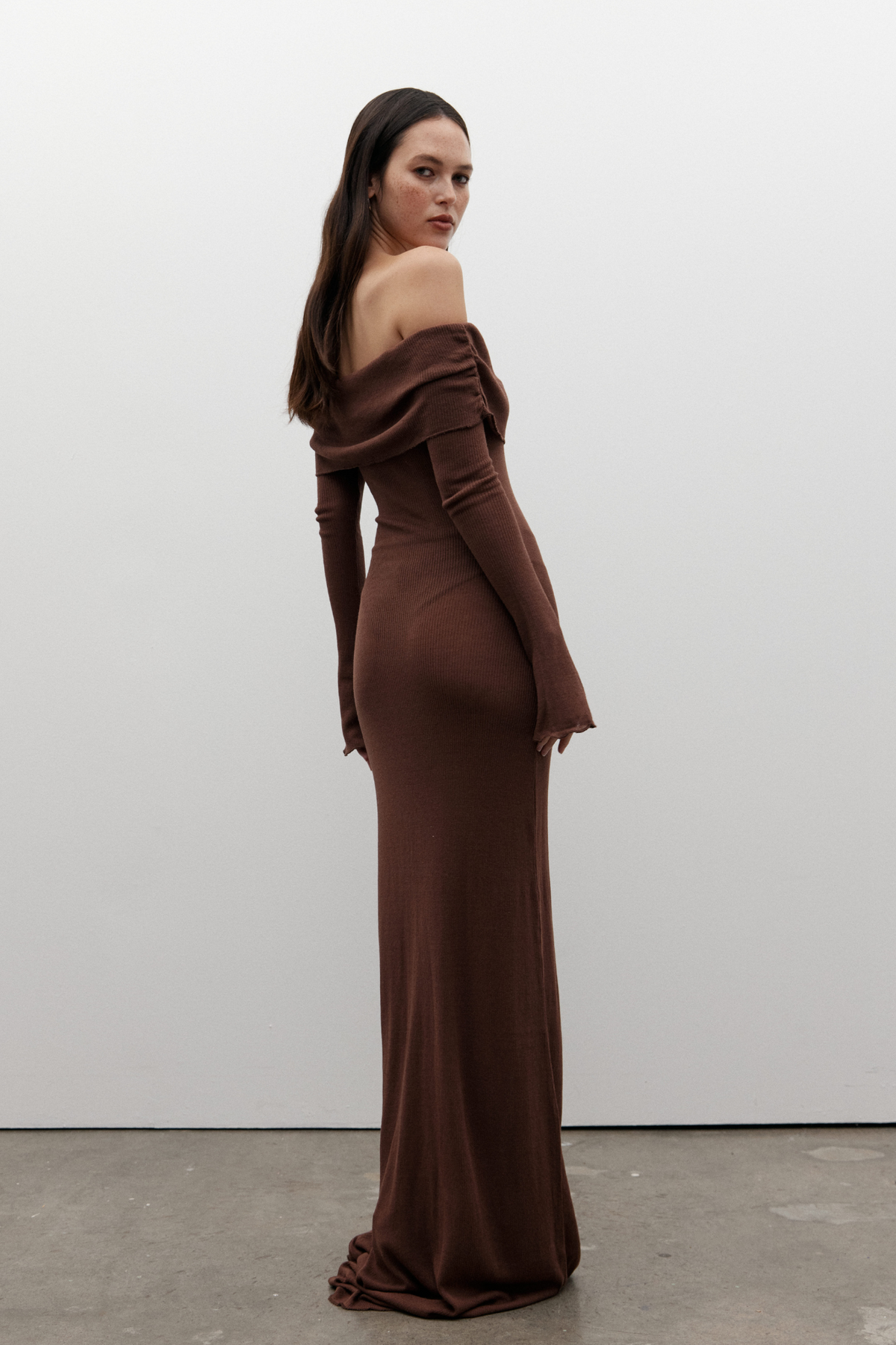 Sayla Off Shoulder Maxi Dress in Bark, view 2, Bayse Brand