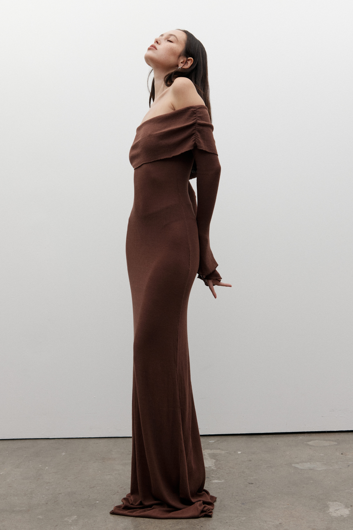 Sayla Off Shoulder Maxi Dress in Bark, view 3, Bayse Brand