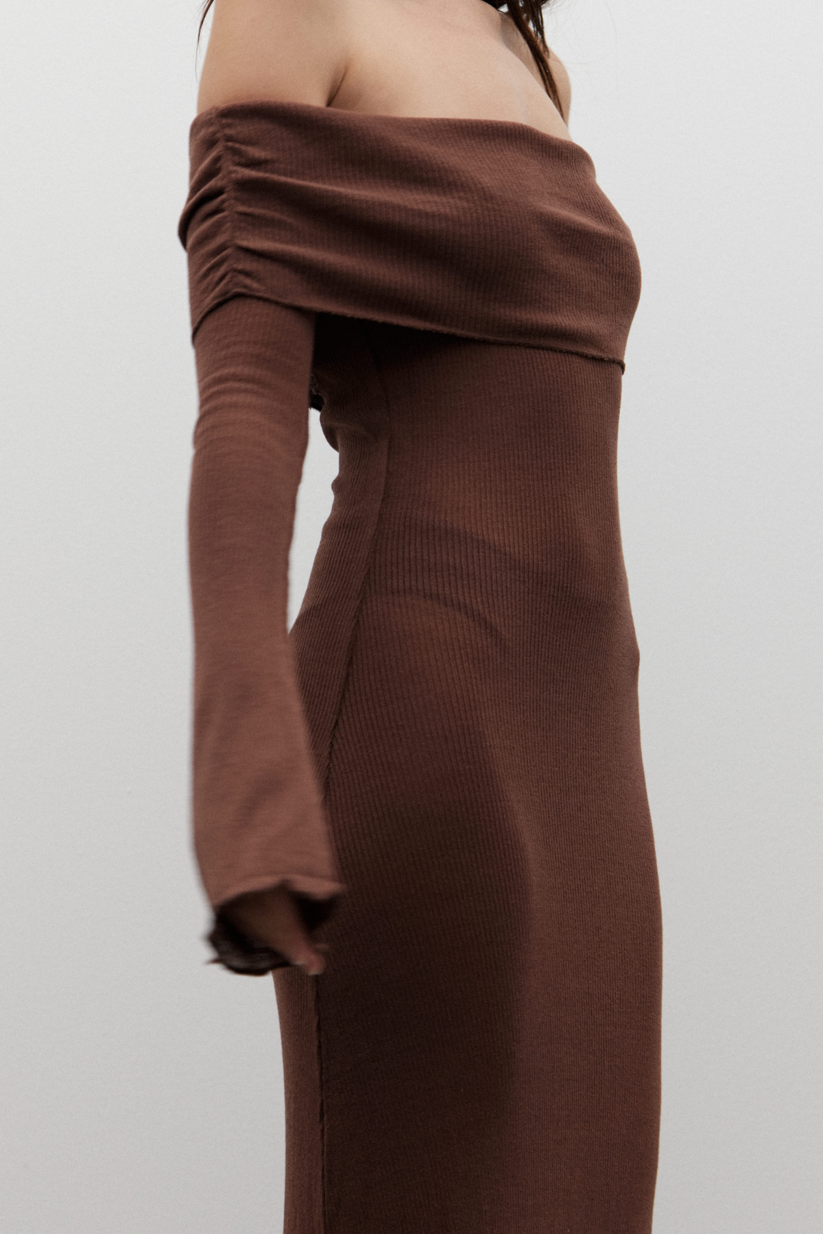 Sayla Off Shoulder Maxi Dress in Bark, view 4, Bayse Brand