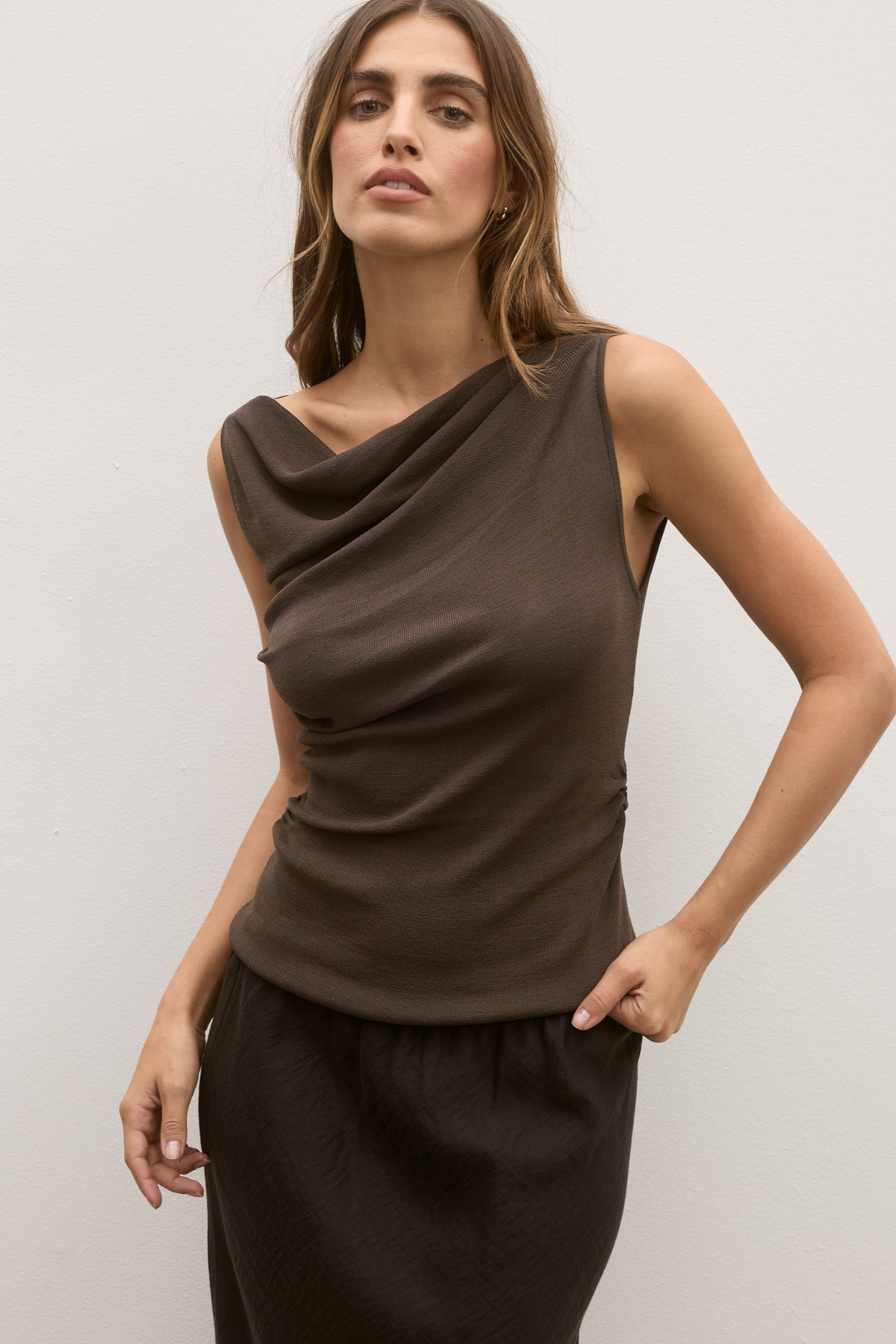 Monet Draped Neck Knit Top in Slate, view 1, Bayse Brand