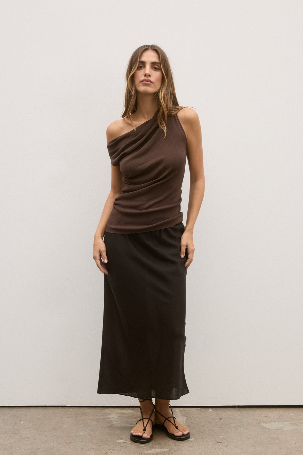 Monet Draped Neck Knit Top in Coffee, view 1, Bayse Brand