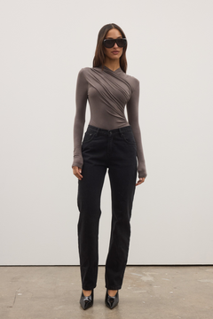 Amrita Draped Crossover Bodysuit in Smoke, view 2, Bayse Brand