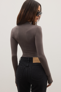 Amrita Draped Crossover Bodysuit in Smoke, view 3, Bayse Brand