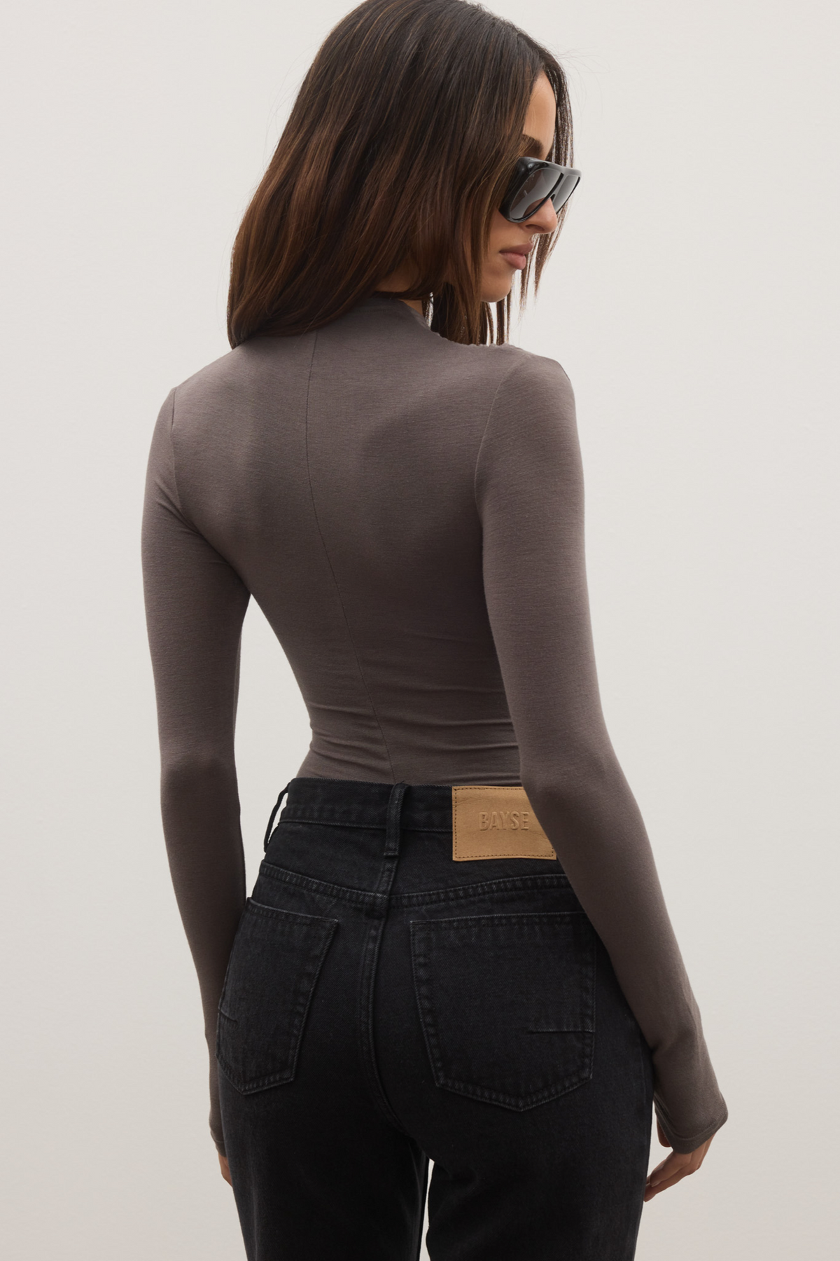 Amrita Draped Crossover Bodysuit in Smoke, view 3, Bayse Brand