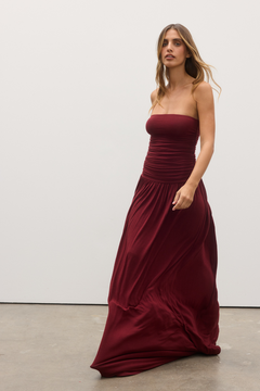 Leah Strapless Ruched Maxi Dress in Wine, view 3, Bayse Brand