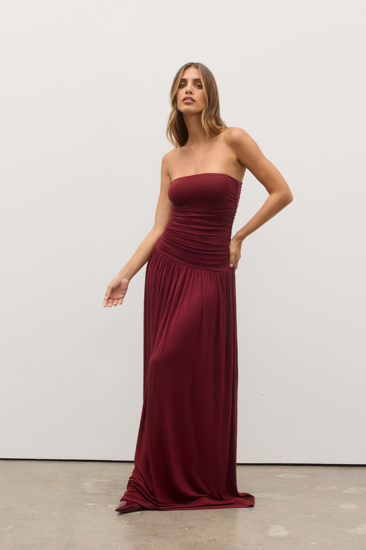 Leah Strapless Ruched Maxi Dress in Wine, view 1, Bayse Brand