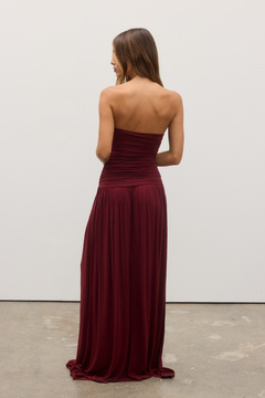 Leah Strapless Ruched Maxi Dress in Wine, view 4, Bayse Brand