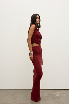 Ivy One Shoulder Ruched Maxi Dress in Wine, view 3, Bayse Brand