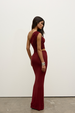 Ivy One Shoulder Ruched Maxi Dress in Wine, view 4, Bayse Brand