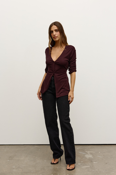 Serafina Tie Waist Button Up Top in Black Cherry, view 2, Bayse Brand