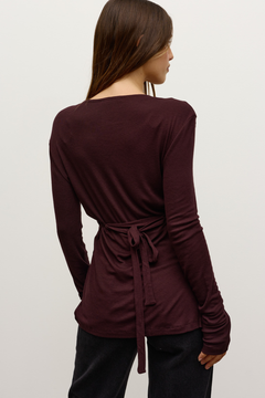 Serafina Tie Waist Button Up Top in Black Cherry, view 4, Bayse Brand